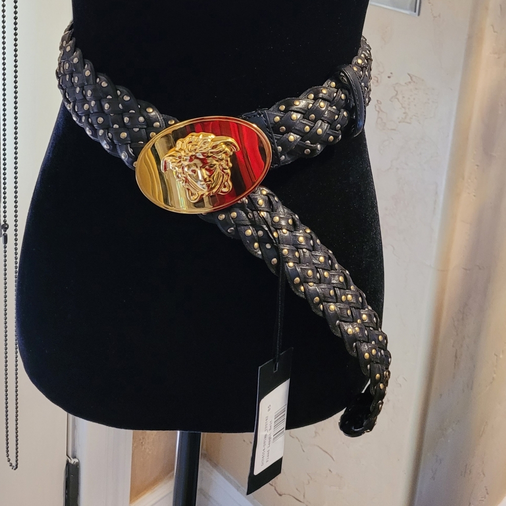 Versace Medusa Medallion Black and Gold Braided Studded Belt. Rare Find 85/34